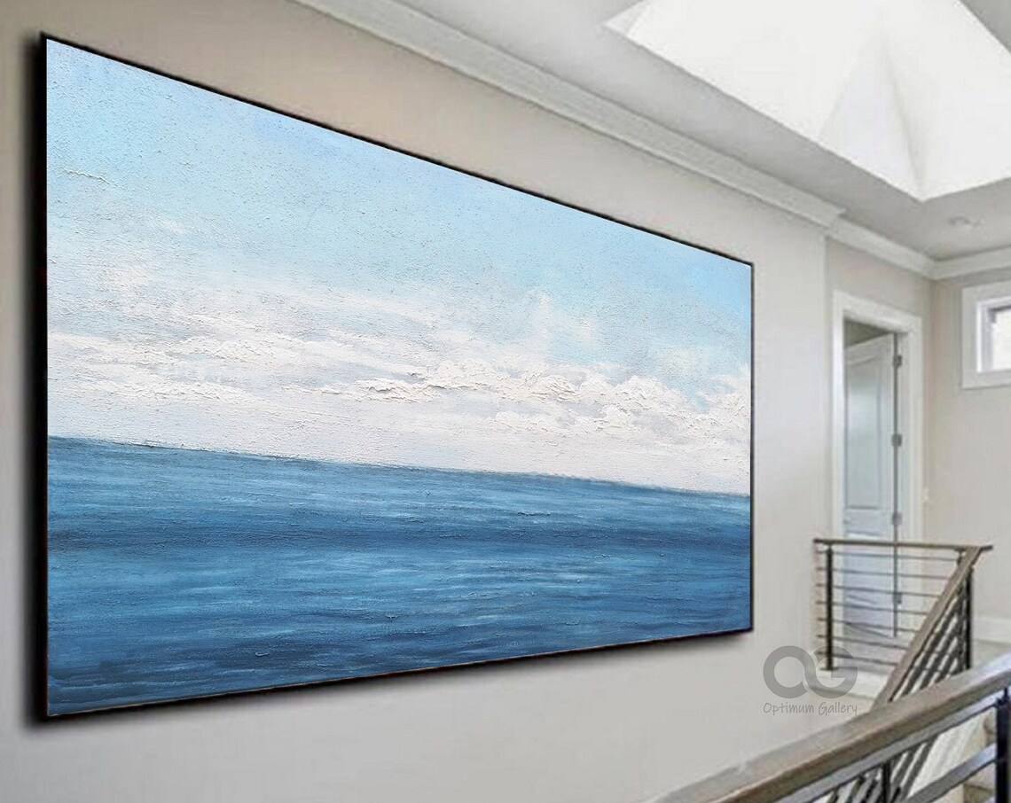 Deep Blue Ocean Horizon Painting White Clouds Calm Sea Minimal Wall Art Poster - Image 5