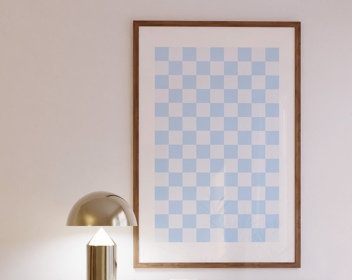 Light Blue Checkered Pattern Preppy Retro Aesthetic Wall Art - Image 3