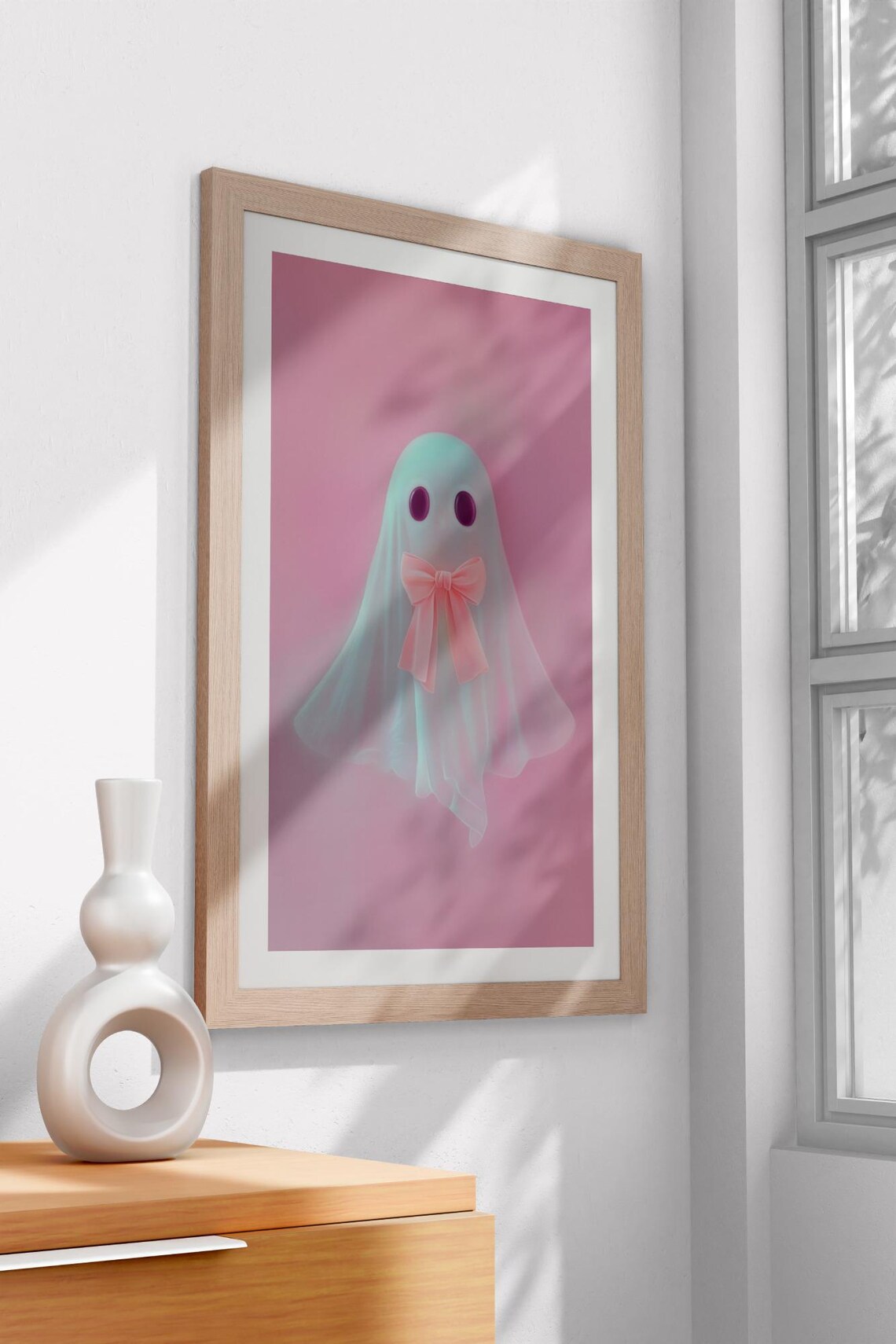 Cute White Ghost with Pink Bow Pastel Halloween Spooky Art Poster - Image 2