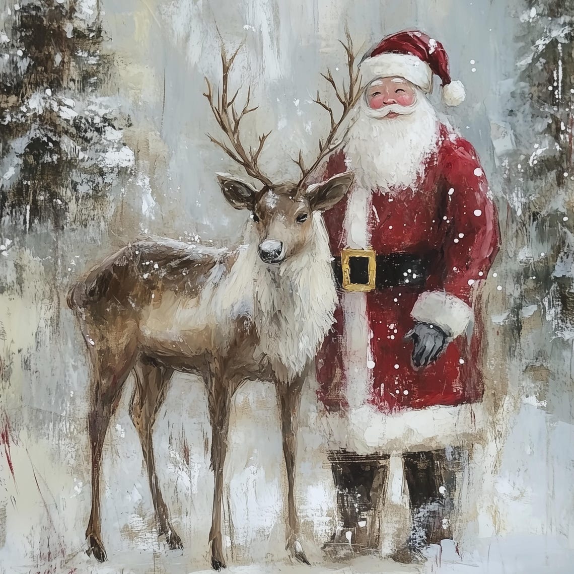 Santa Claus And Reindeer Standing Together In A Snowy Forest Poster - Image 3
