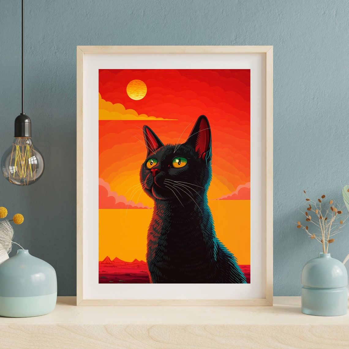 Bold Black Cat Fiery Sunset Pop Art Colorful Portrait Poster - Image 2