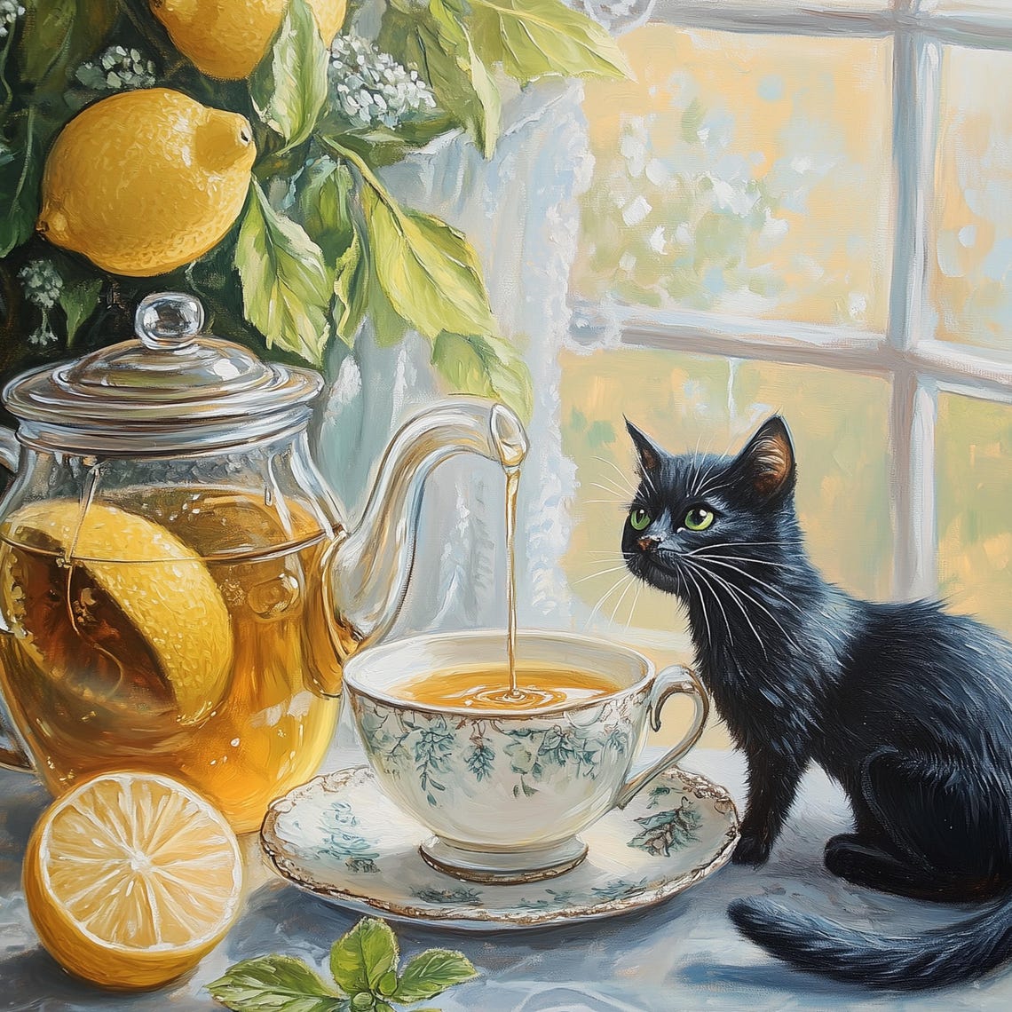 Black Cat Lemon Tea Poster Sunlit Window Still Life Oil Painting Art - Image 3