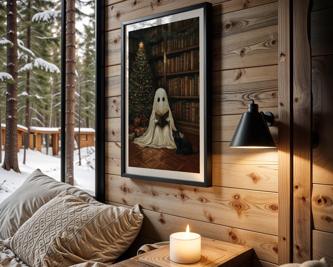 Ghost and Black Cat Spooky Christmas Art Print - Image 2