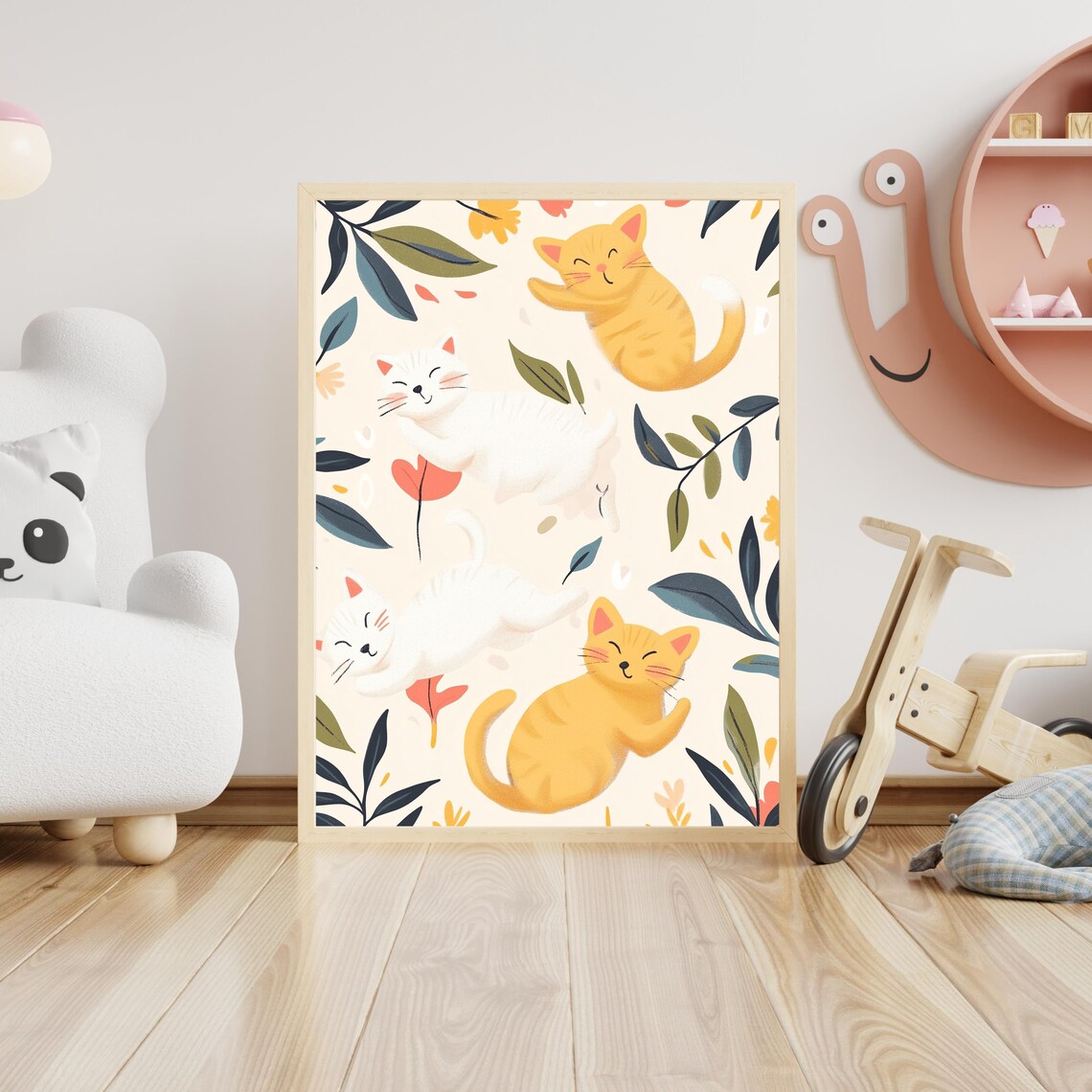 Happy Playful Kittens Frolicking Among Leaves Nursery Poster - Image 3