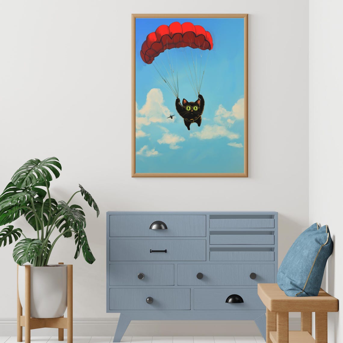 Adorable Black Cat Parachuting Red Parachute Cloudy Sky Poster - Image 2
