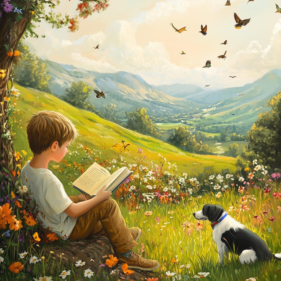 Boy Reading Under Tree Poster Meadow Dog Butterflies Mountain Scene - Image 3