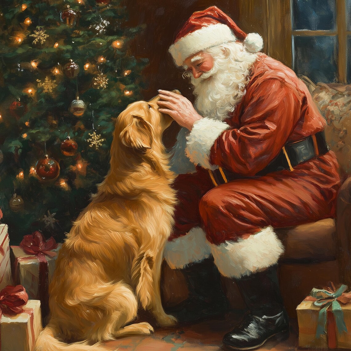 Jolly Santa Claus Petting A Golden Retriever Christmas Poster - Image 3
