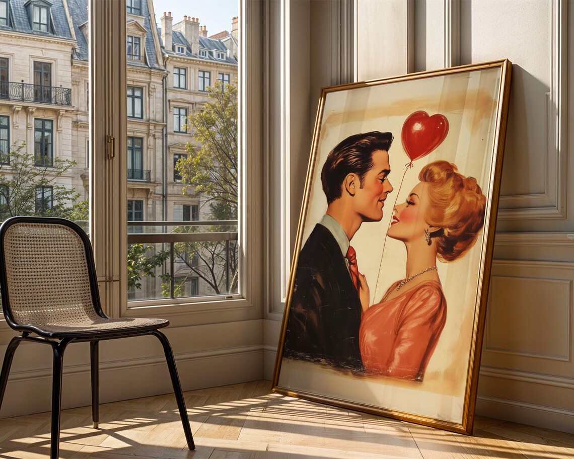 Vintage Couple with Heart Shaped Balloon Retro Valentine Love Poster - Image 3