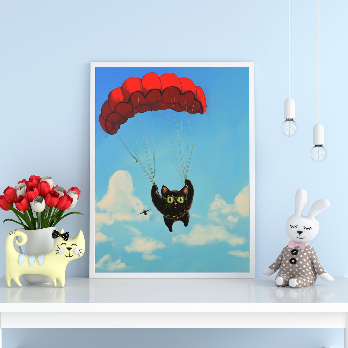Adorable Black Cat Parachuting Red Parachute Cloudy Sky Poster - Image 3
