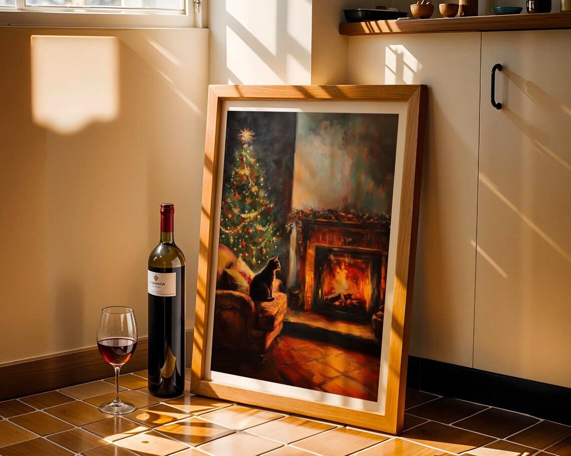 Black Cat By A Christmas Tree And Fireplace Moody Holiday Night Poster - Image 2