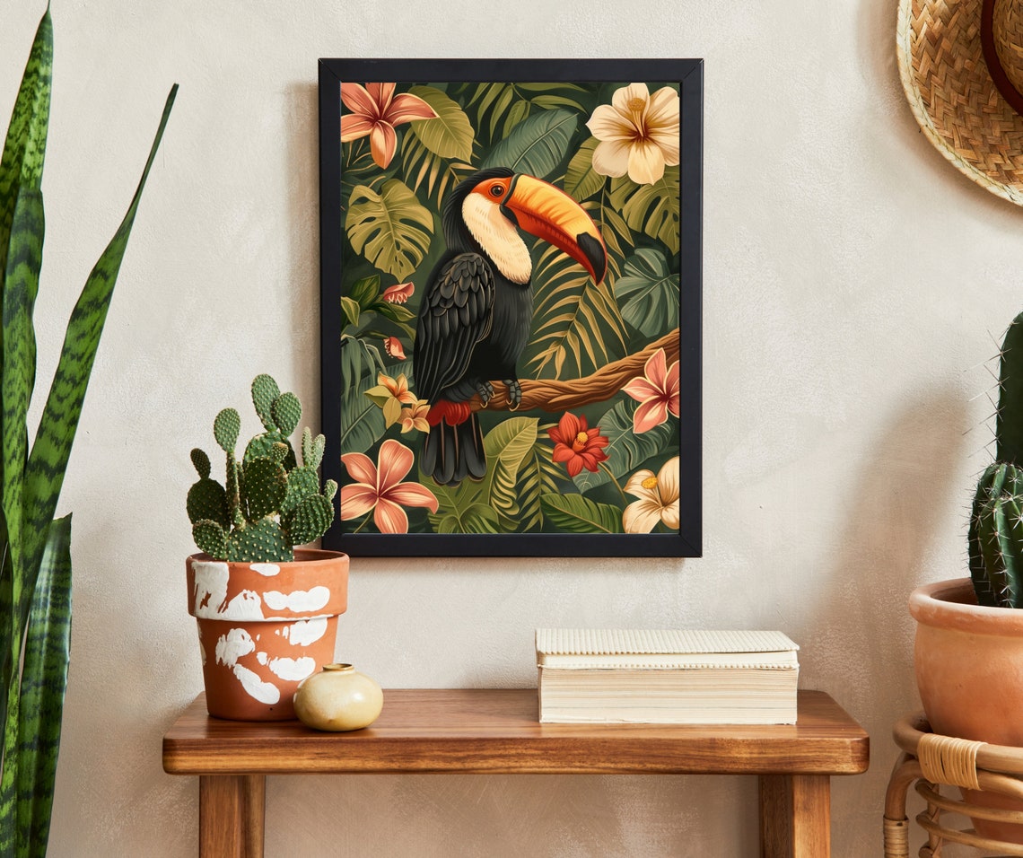 Colorful Toucan Tropical Jungle Bird Flowers Oil Painting Poster - Image 2