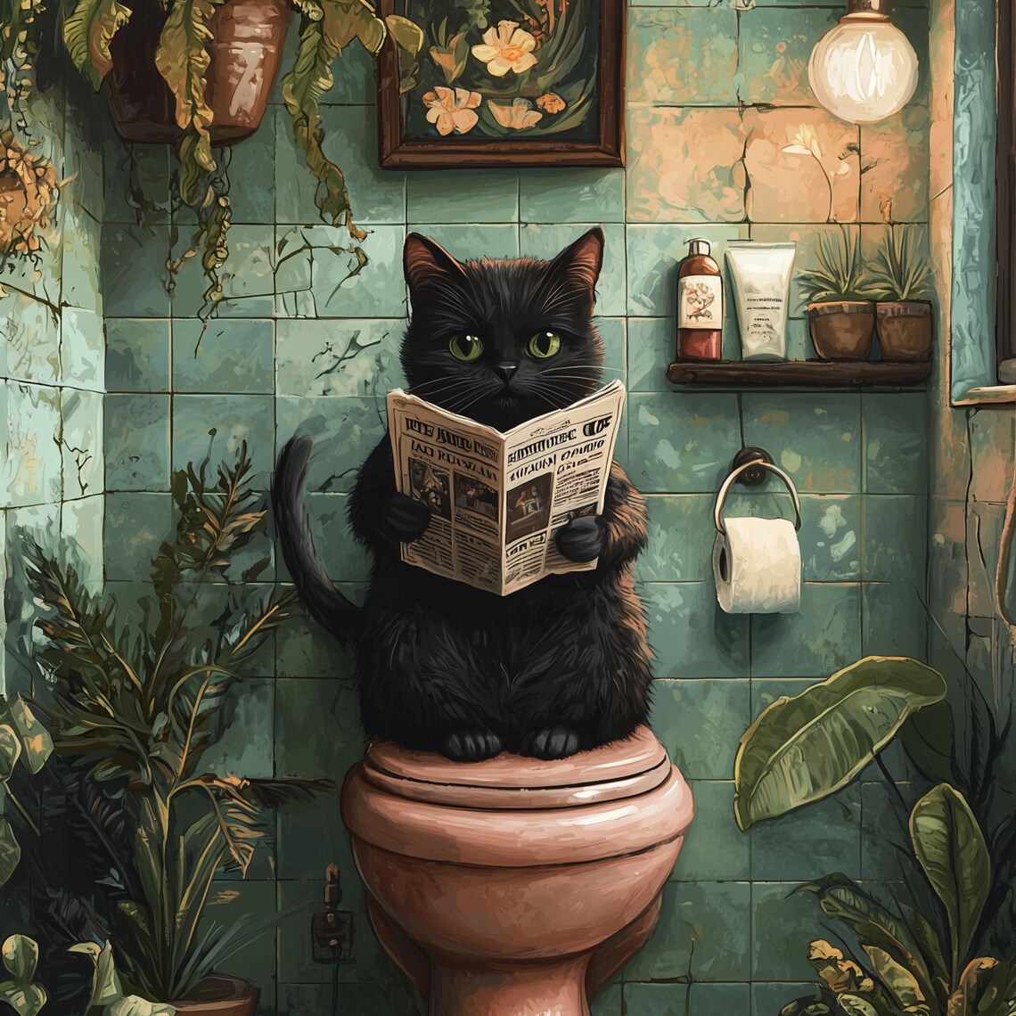 Vintage Black Cat Bathroom Wall Art, Funny Decor - Image 3