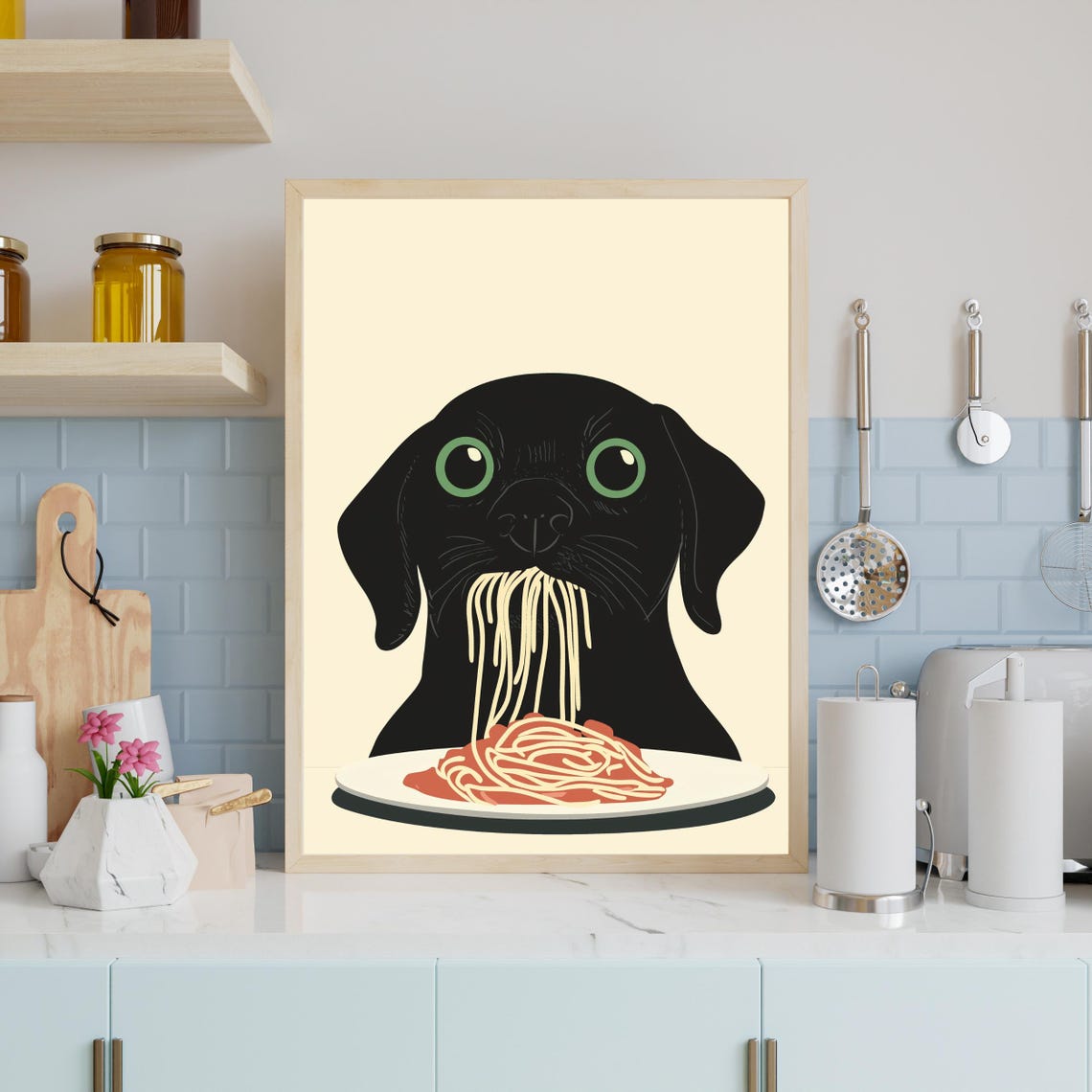 Funny Black Dog Spaghetti Poster Cute Cartoon Dog Slurping Pasta Art - Image 2