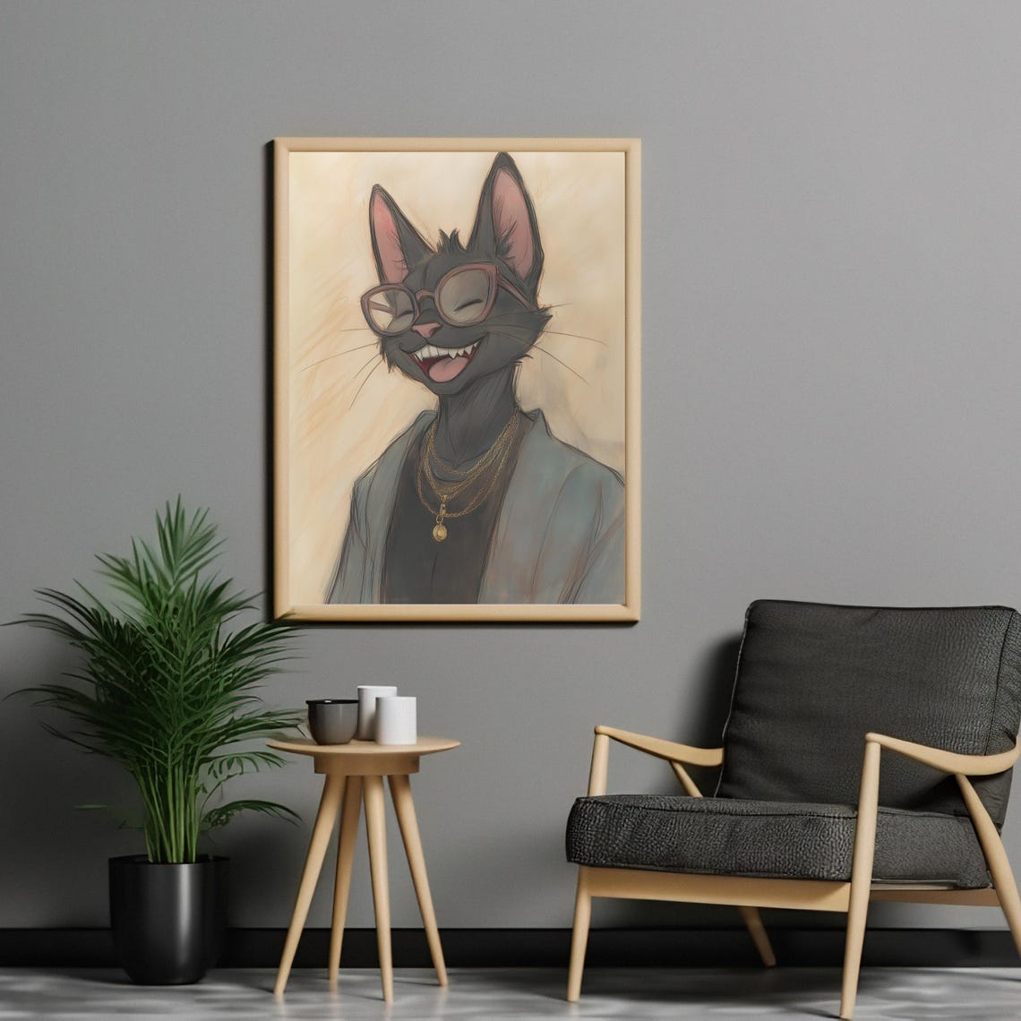 Cool Black Cat Sunglasses Poster Funny Cartoon Sketch Gold Chains Art - Image 3