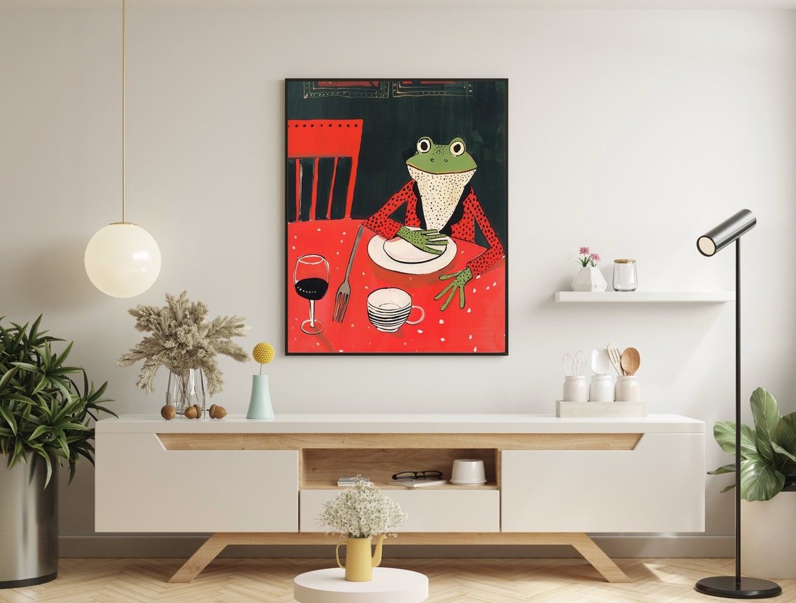 Frog at Dinner Whimsical Green Frog Red Table Folk Art Poster - Image 3