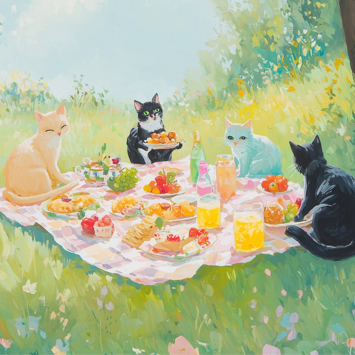 Pastel Cat Picnic Poster, Maximalist Kitsch Decor - Image 3