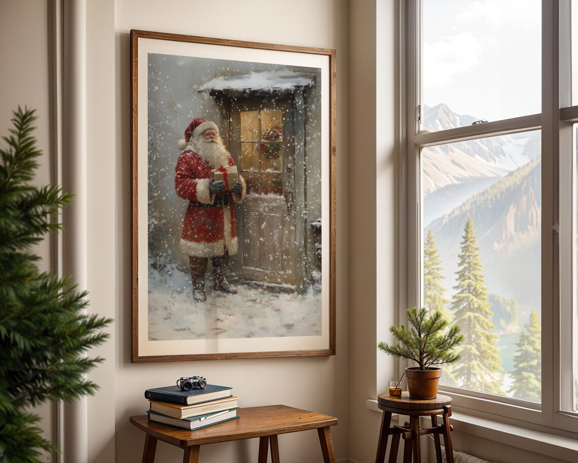 Santa Claus Leaving Gifts At A Doorstep On A Snowy Evening Poster - Image 2