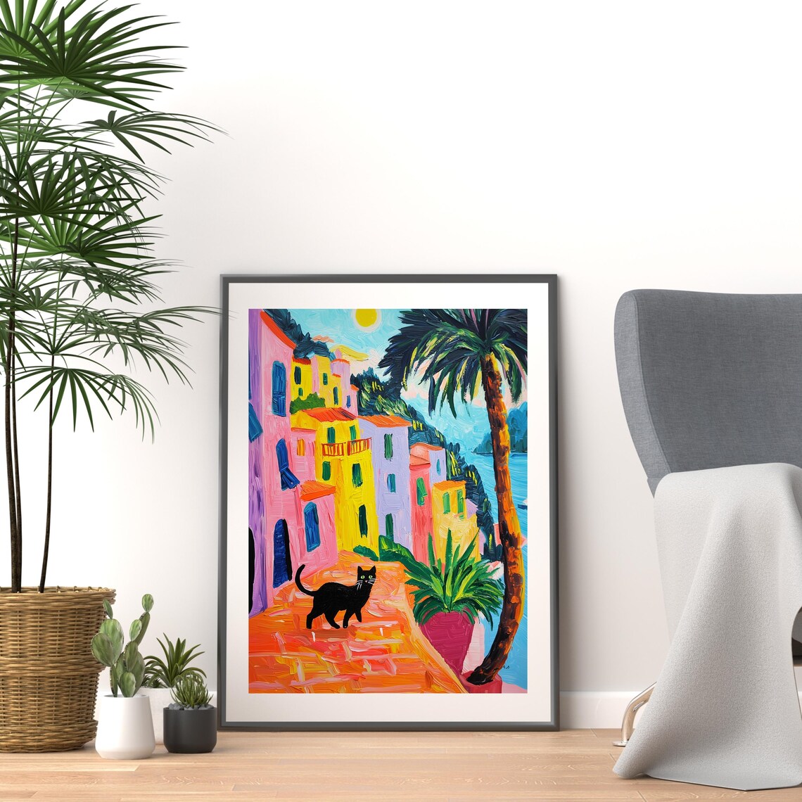 Black Cat Strolling Through A Colorful Coastal Town Sunny Pop Art Poster - Image 2