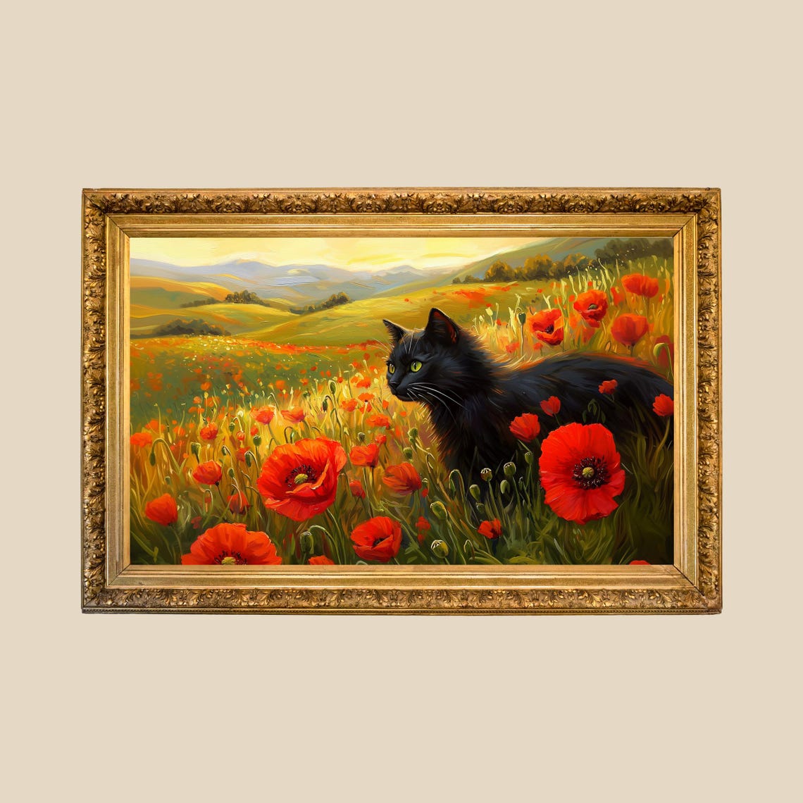 Black Cat Wandering Among Red Poppies in a Sunset Meadow Poster - Image 3