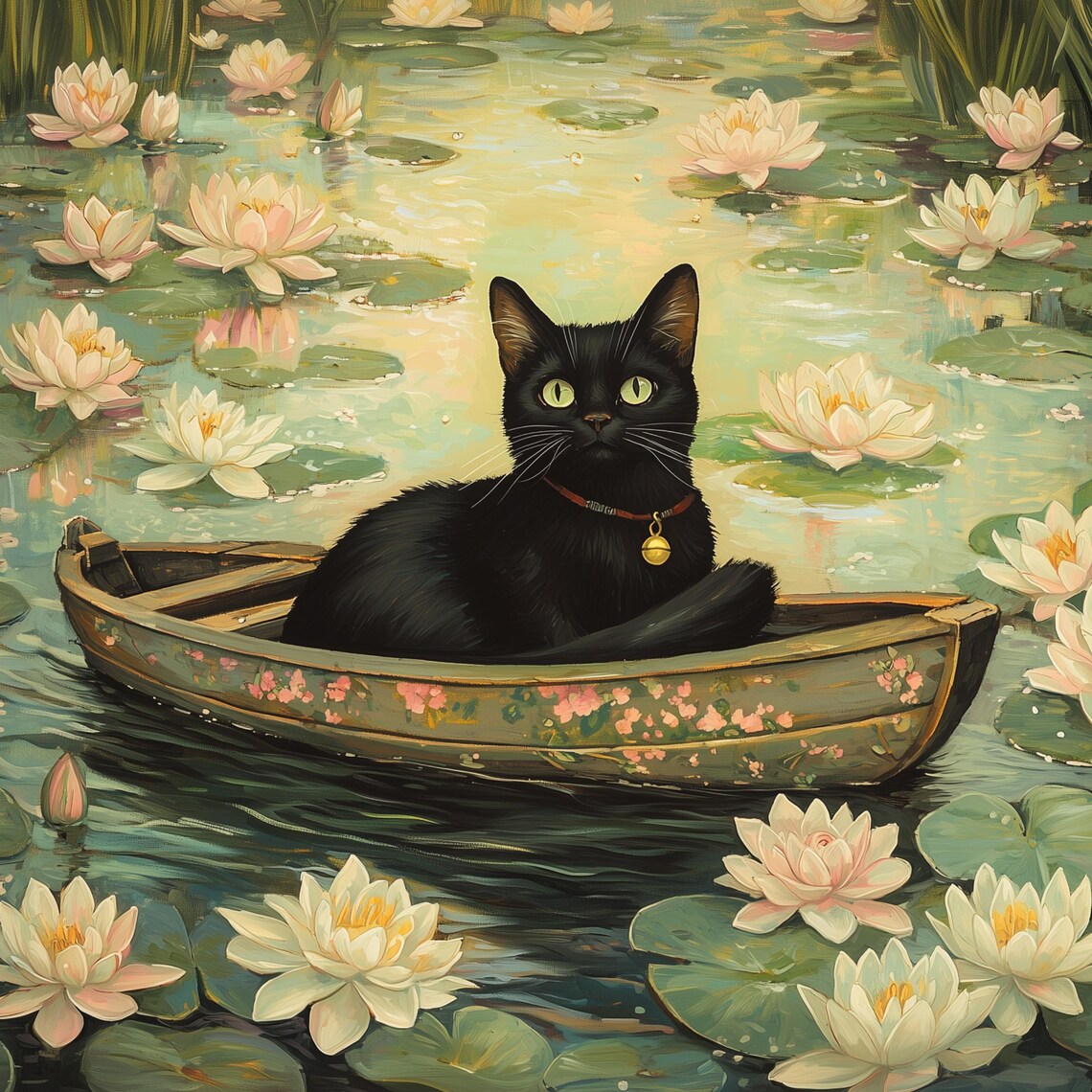 Serene Black Cat in a Small Wooden Boat on a Lily Pond Poster - Image 2