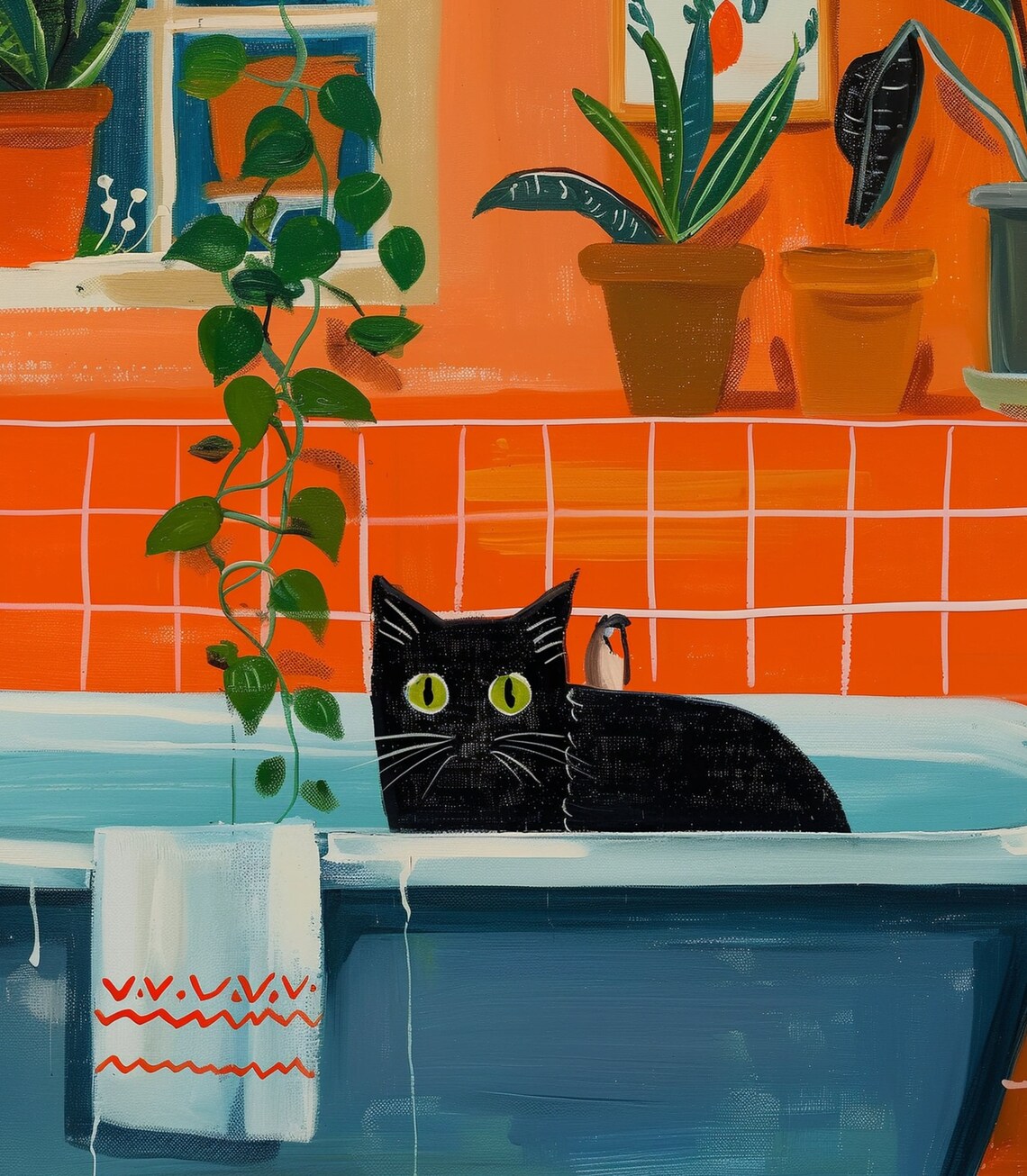 Black Cat in a Blue Bathtub Surrounded by Plants and Orange Tile Poster - Image 3