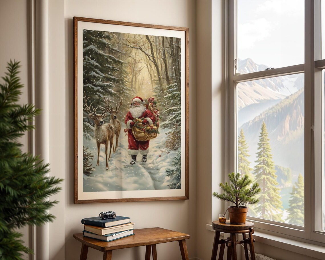 Santa Claus and Deer Rustic Christmas Art Print - Image 2