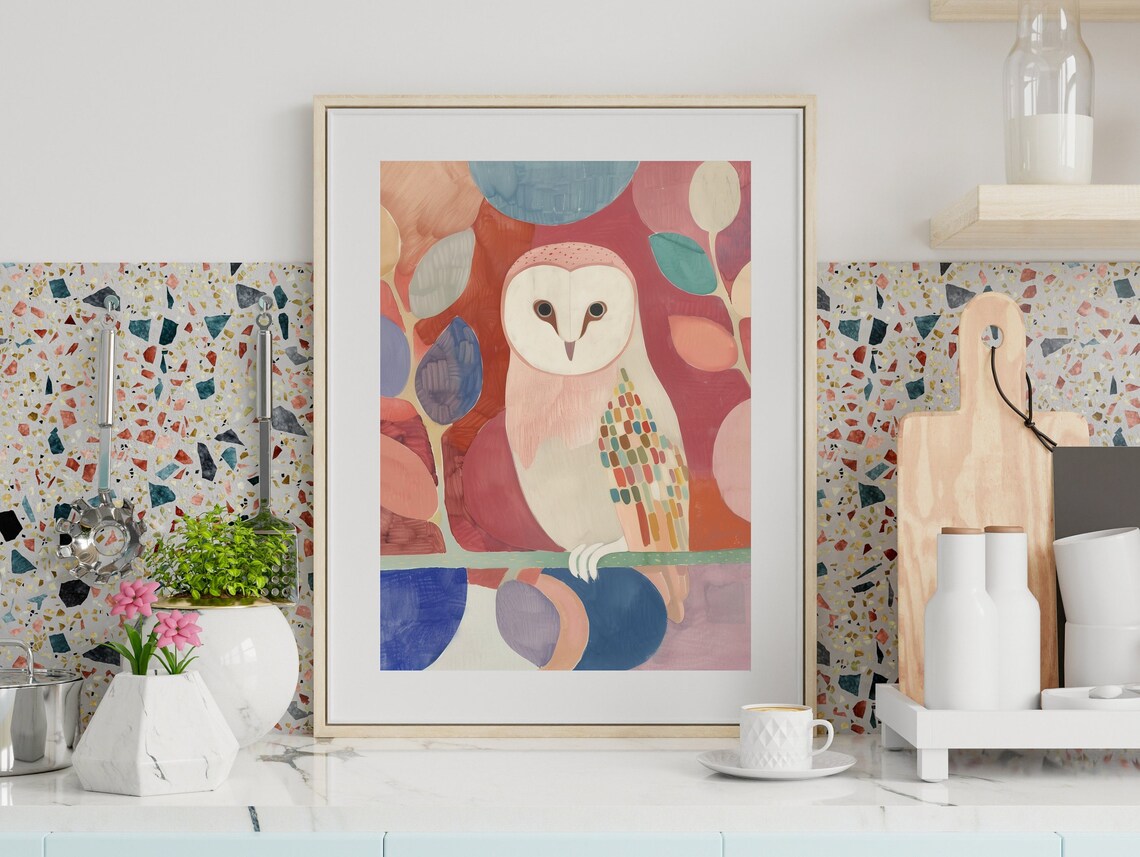 Colorful Owl Art Oil Painting Wildlife Art Owl Love Art Abstract Owl Owl Poster Gift For Owl Lovers Pink Prints - Image 3