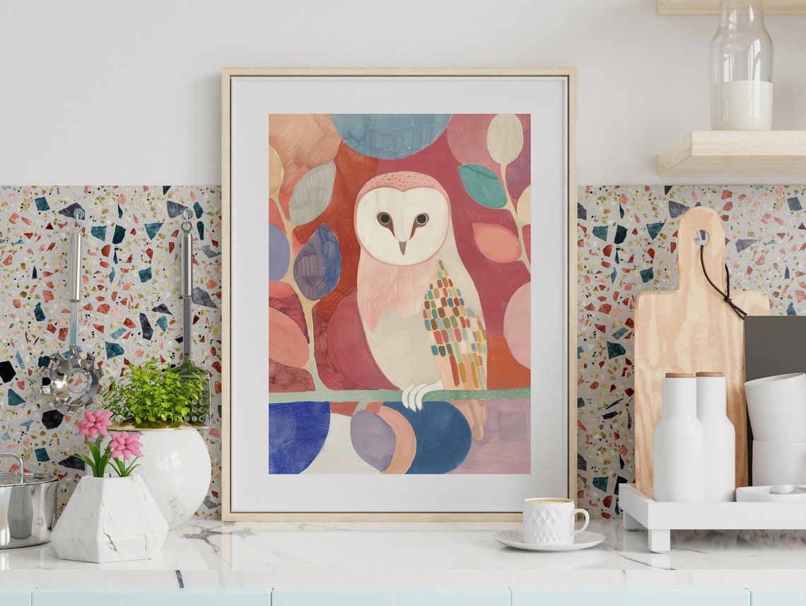 White Barn Owl Folk Art Poster Perched Owl Colorful Abstract Foliage - Image 3