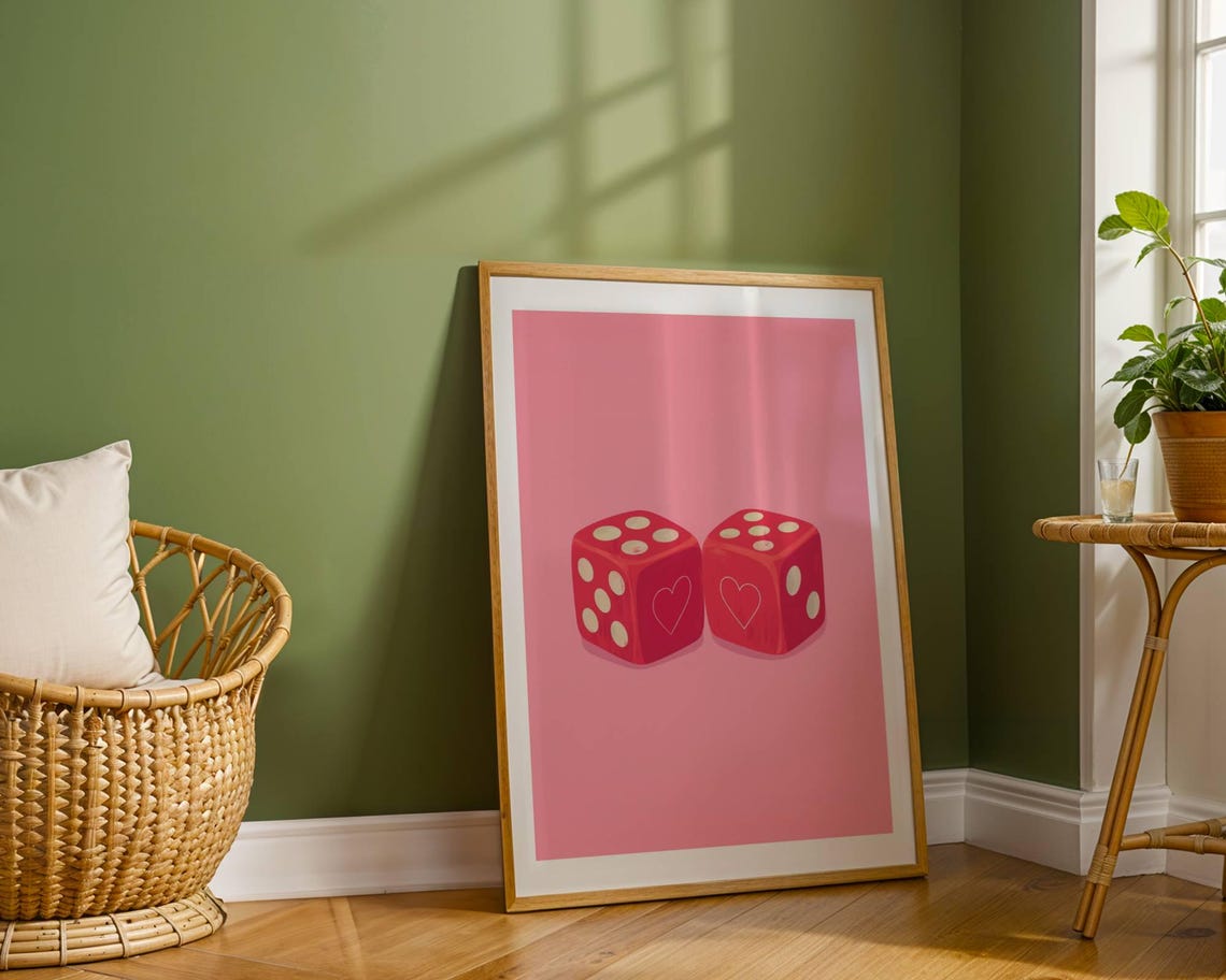 Pair of Red Dice with Hearts on Pink Minimal Love Luck Art Poster - Image 3