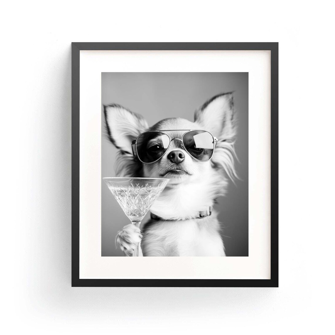 Chihuahua Cocktail Wall Art, Black And White Art Print