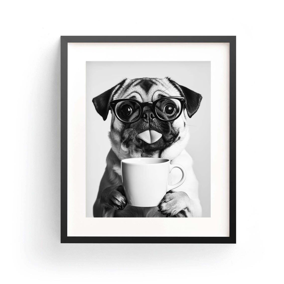 Pug with Glasses Holding Coffee Mug Funny Black and White Poster