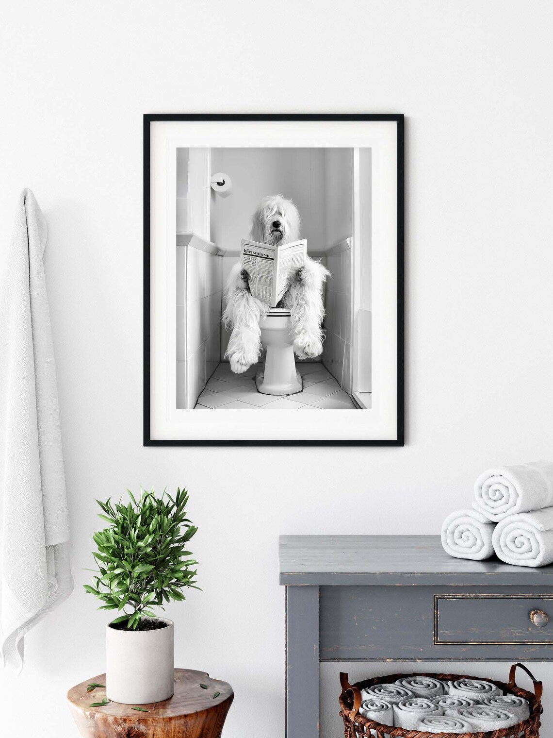 Old English Sheepdog Reading Newspaper on Toilet Funny Bathroom Poster - Image 3