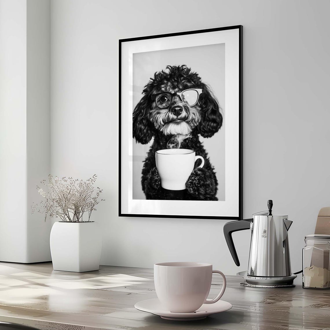 Curly Cockapoo Wearing Eyeglasses Holding A Steaming Coffee Mug Poster - Image 3