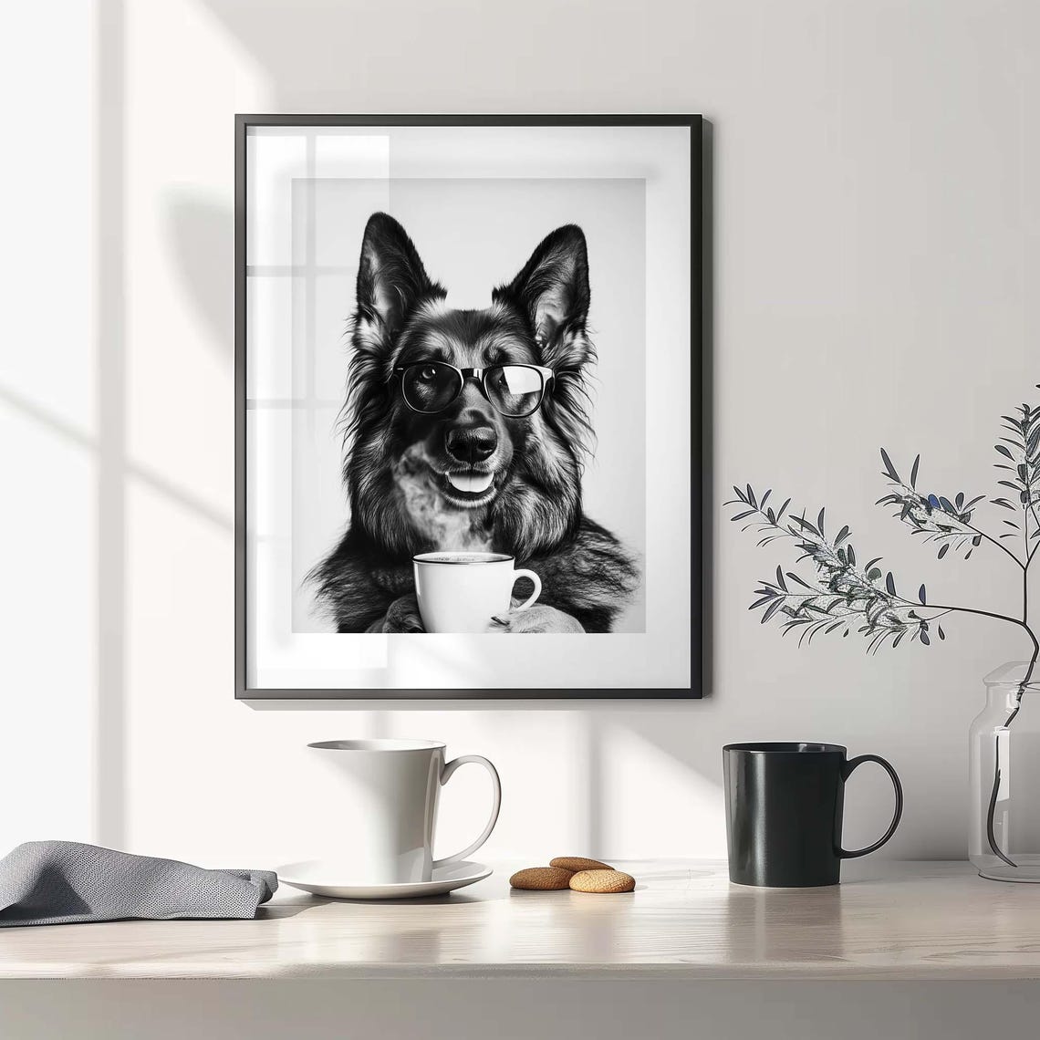 German Shepherd with Glasses Holding Coffee Cup Funny Kitchen Poster - Image 2
