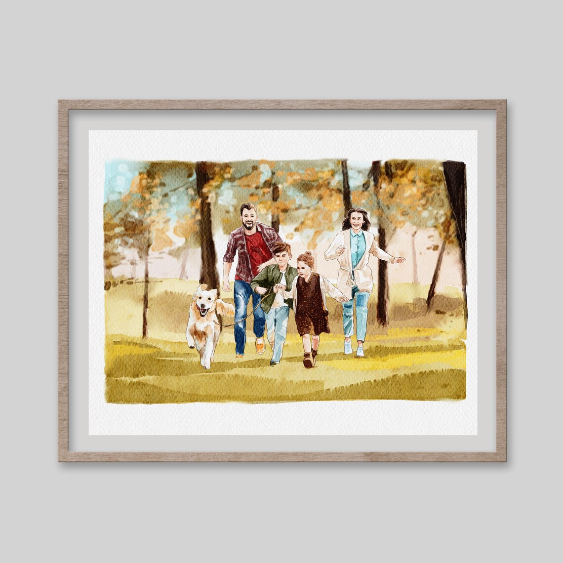 Family with Dog Autumn Park Watercolor Portrait Poster Custom