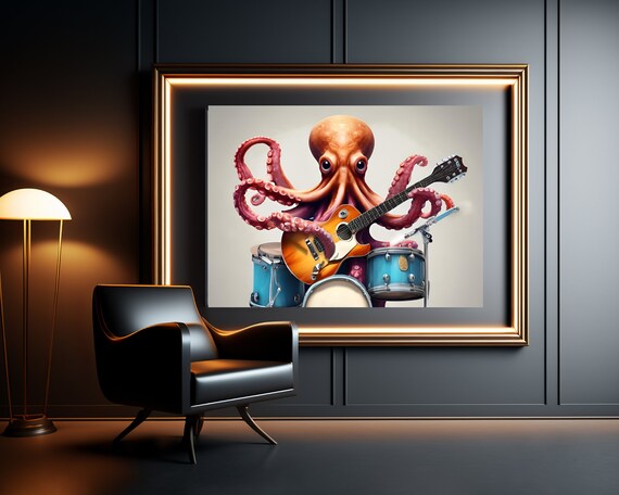 Funny Octopus Playing Electric Guitar and Drums Music Poster