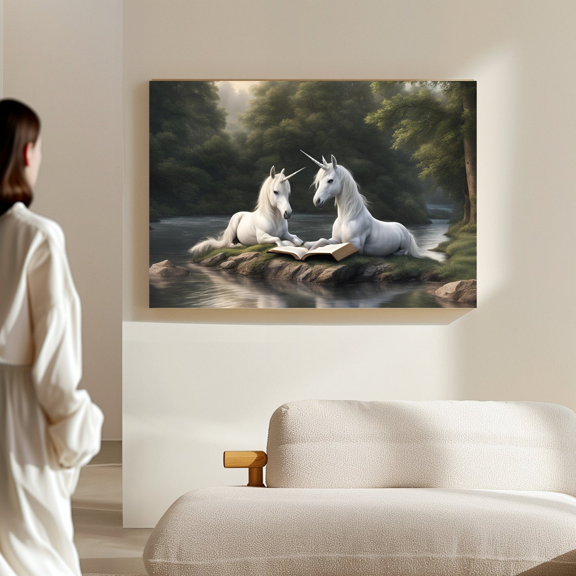 Whimsical White Unicorns Reading an Open Book by a River Poster - Image 4