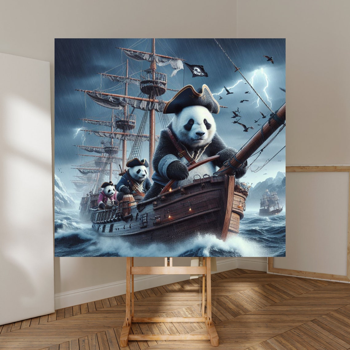 Whimsical Pirate Pandas Sailing a Ship Through a Stormy Sea Poster