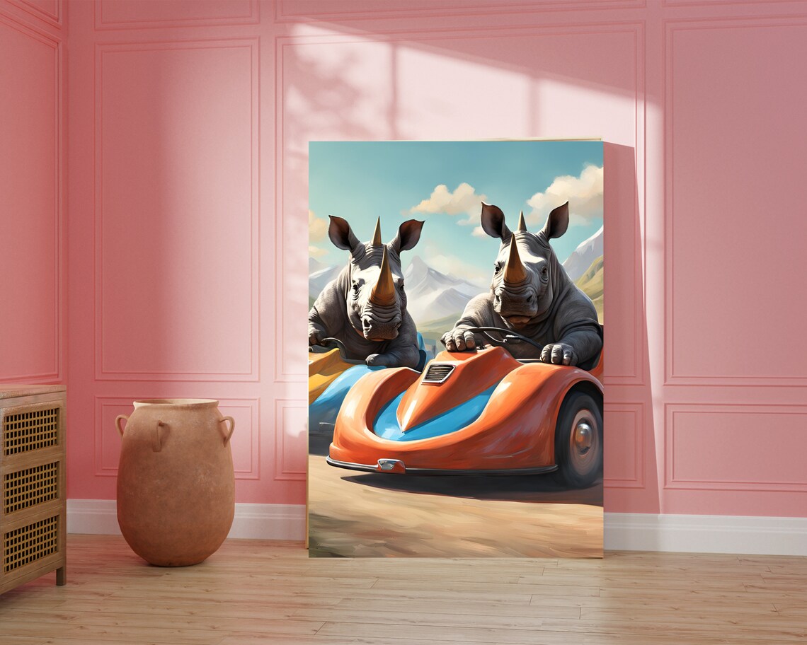 Funny Rhinos Racing Colorful Go-Karts Quirky Animal Art Poster - Image 4