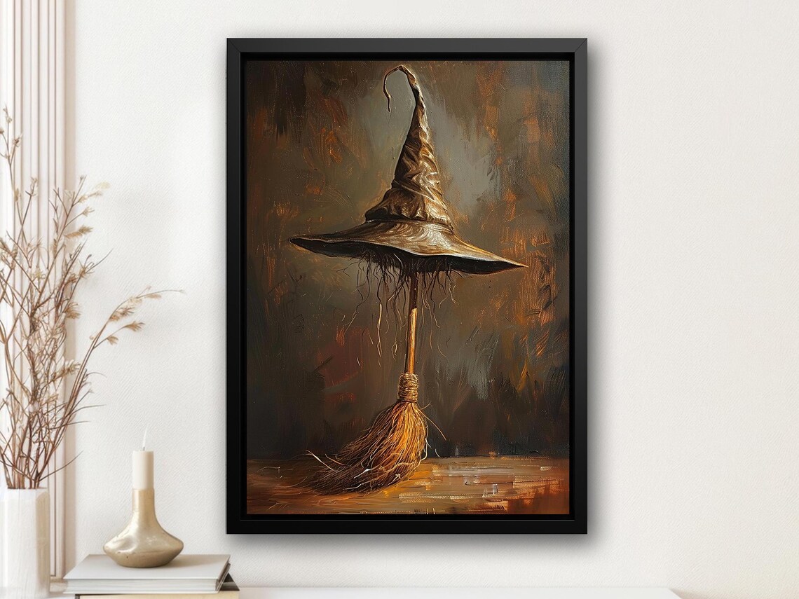 Vintage Witch Hat and Broom Poster, Halloween Decor