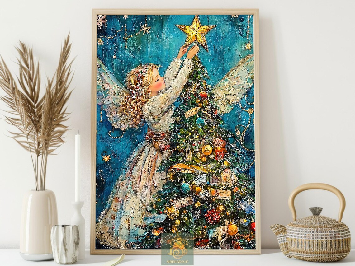 Little Angel Placing Gold Star on Christmas Tree Blue Night Poster - Image 3