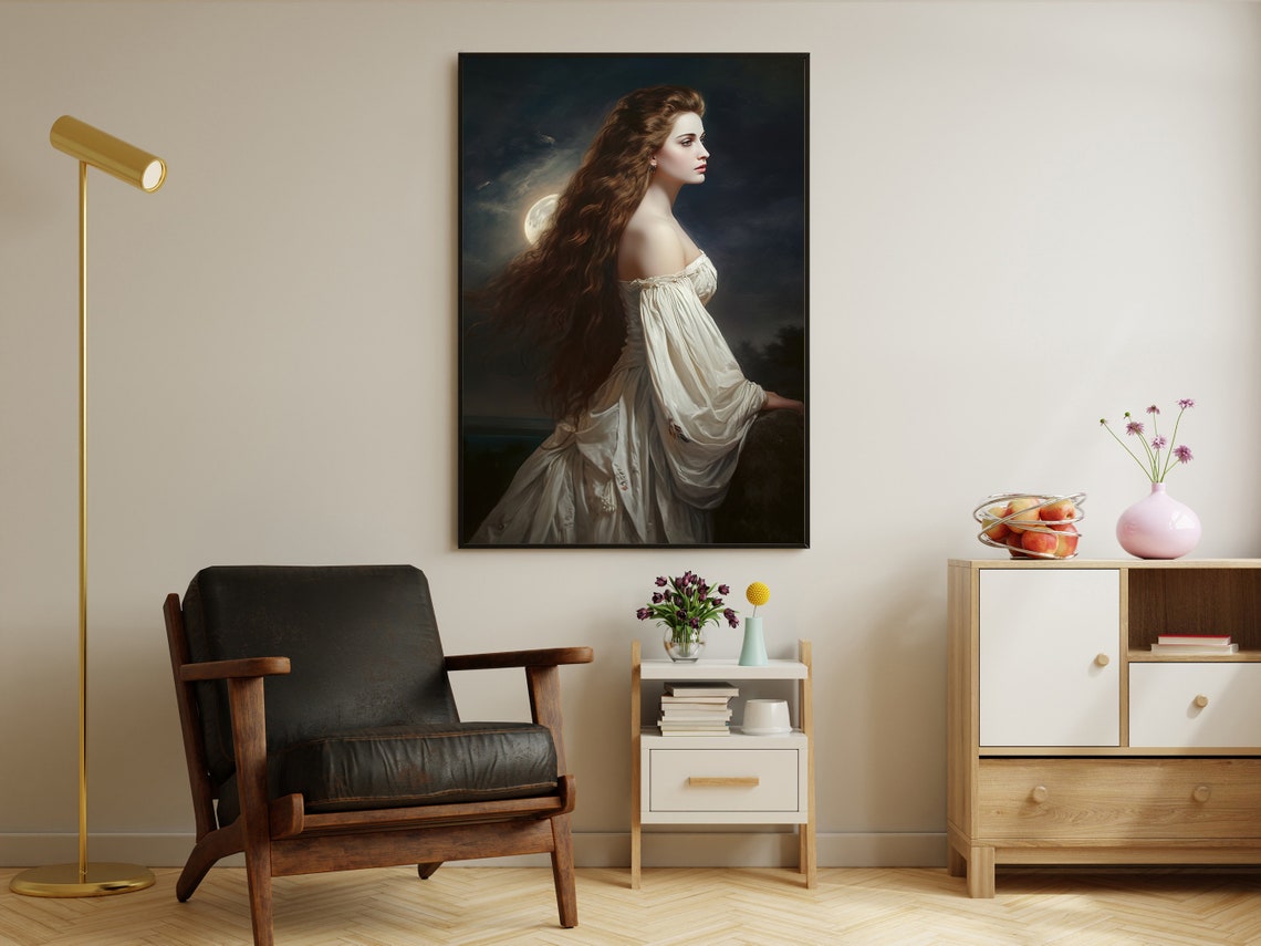 Moonlit Victorian Woman White Gown Dark Night Sky Gothic Art Poster - Image 2