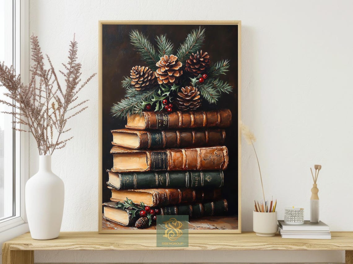 Vintage Stack of Old Books With Pinecones and Holly Art Print - Image 3