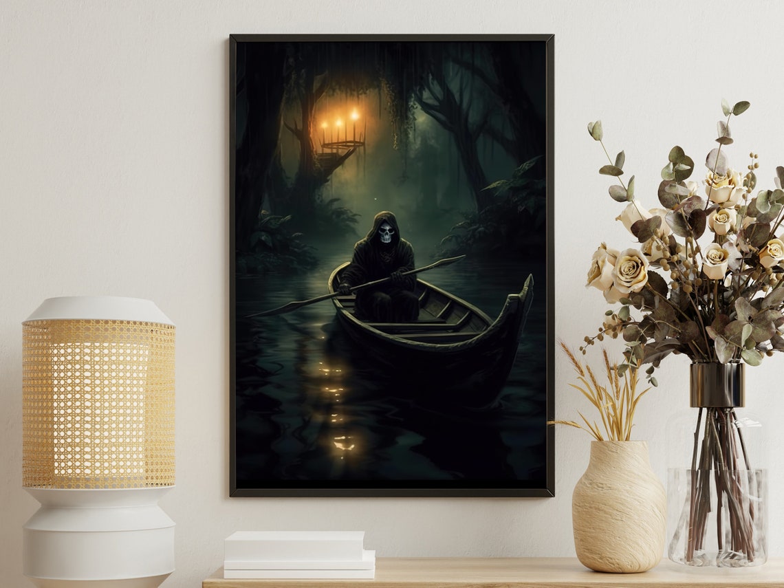 Grim Reaper Rowing A Boat On The Dark Misty River Gothic Poster
