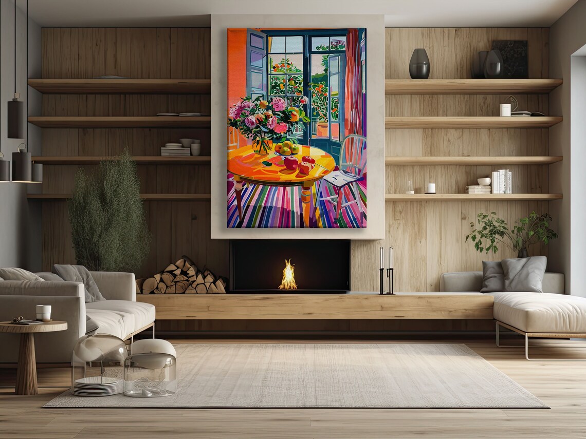 Sunlit Interior With Open French Doors Balcony Flowers Colorful Wall Art - Image 2