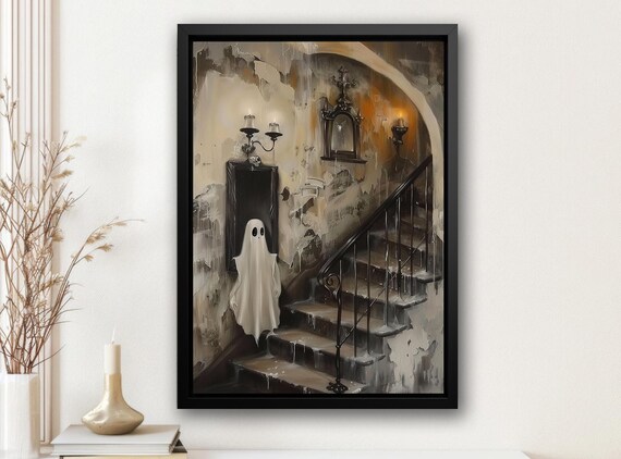 Sheet Ghost on Haunted Manor Staircase Vintage Spooky Painting Poster