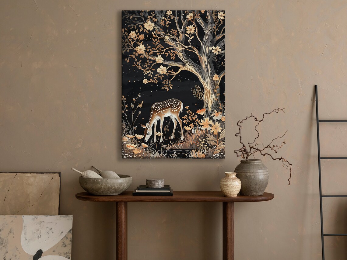 Spotted Fawn Under Golden Blossom Tree Black Background Botanical Animal Art Poster - Image 2