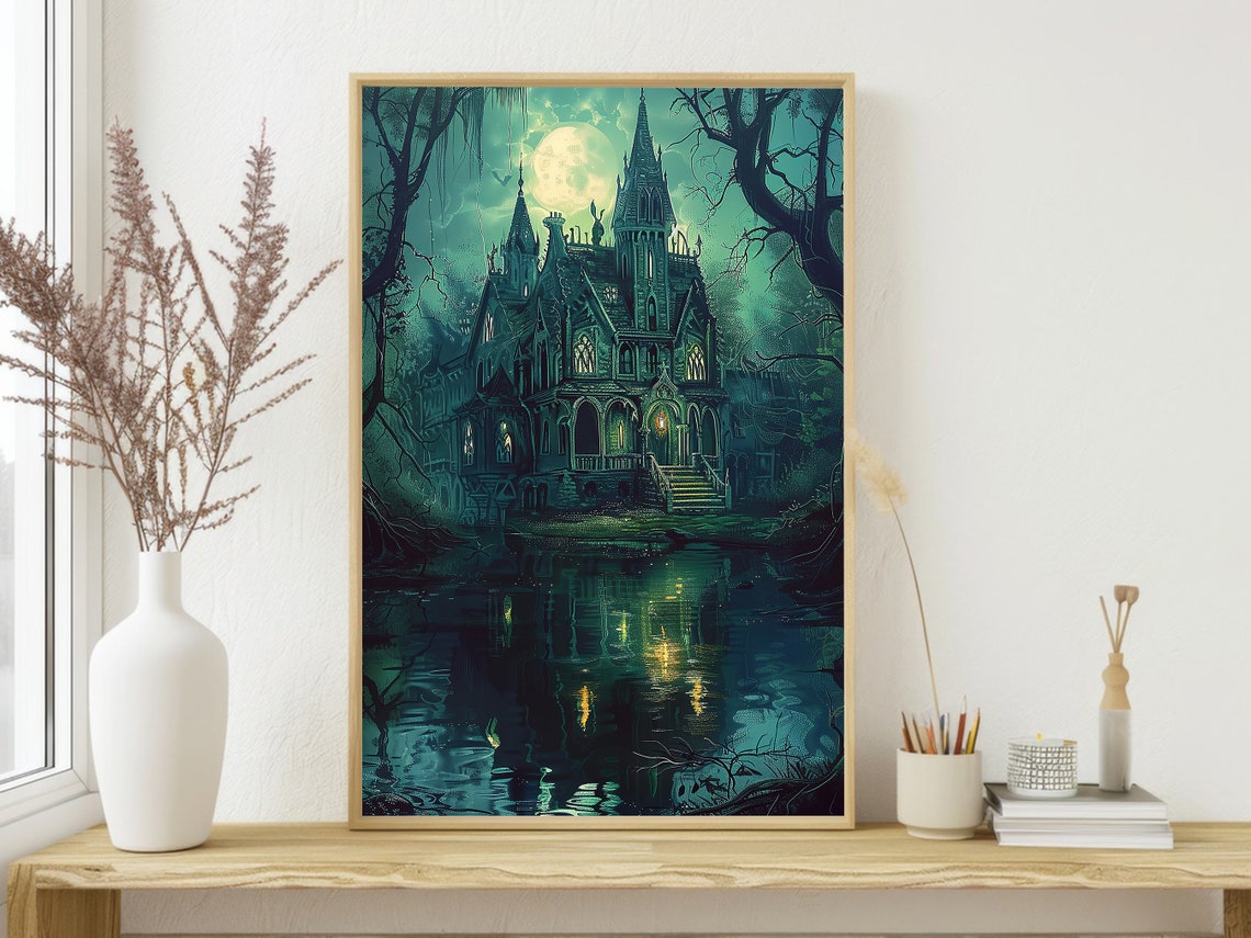 Haunted Gothic Mansion By Moonlit Lake Green Night Castle Poster - Image 3