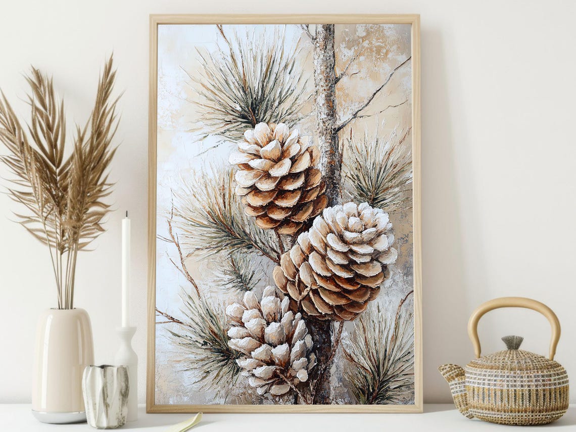Snow Dusted Pinecones Branch Beige Botanical Winter Wall Art - Image 3
