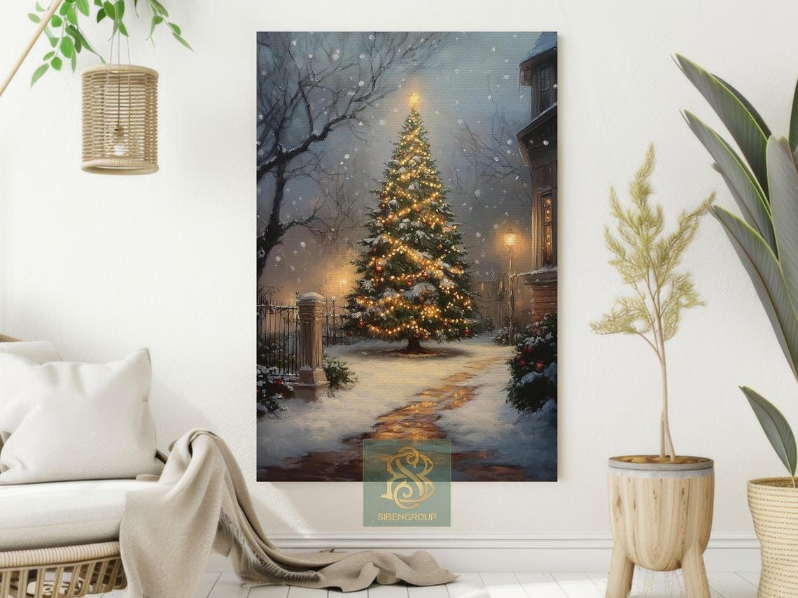 Glowing Outdoor Christmas Tree in Snowy Village Night Scene Poster - Image 2